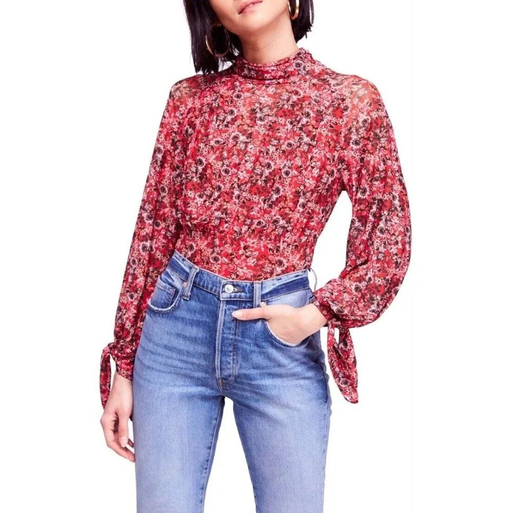 Free People All Dolled Up Mesh Floral Mock Neck Top Blouse Size XS‎ Open Back